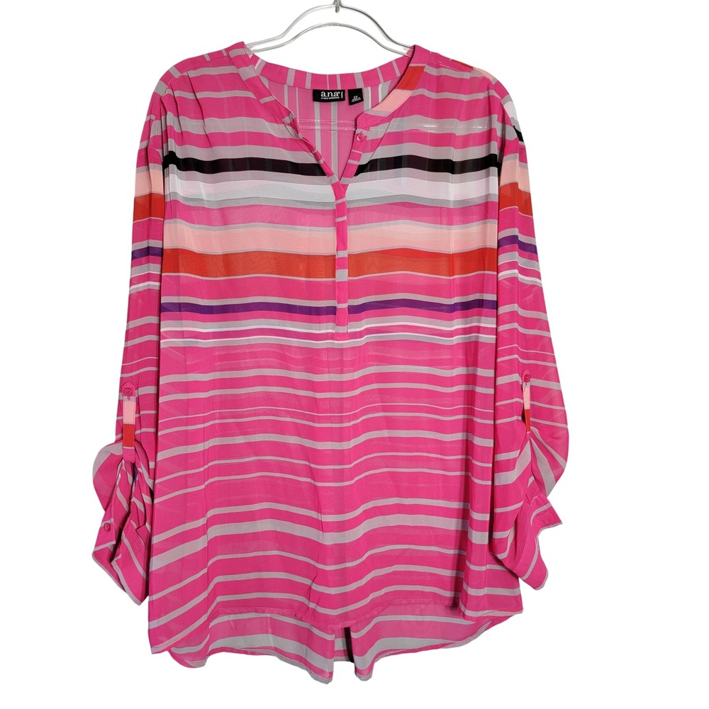 ANA Womans Magenta Stripe Top Plus Size 2X Pink Sheer Tab Sleeve High NWT
